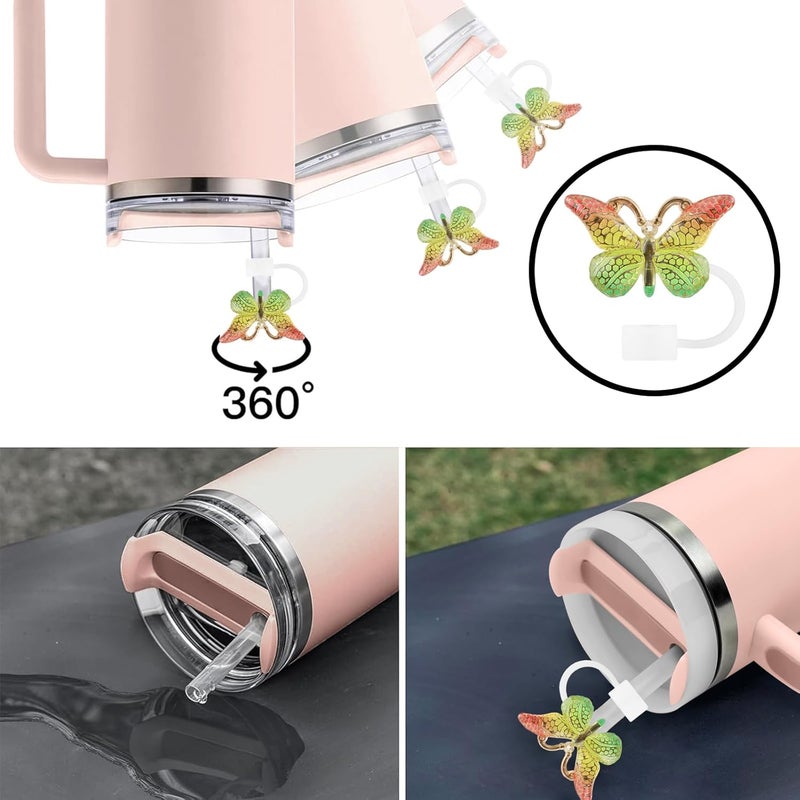 SEMATA 6PCS Cute Butterfly Straw Cover Cap for Stanley Cup Accessories,Bling Straw Toppers for Stanley Tumbler 40&30 oz,Reusable Straws Tips Protectors Compatible with 10mm Straws(Green) - Image 3